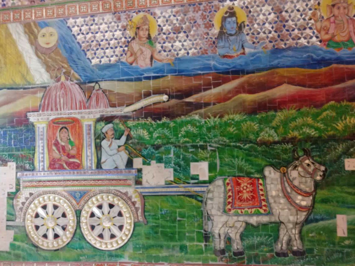 Lonavala Mosiac Art of Indian Farmer & Wife Riding Bullock Cart Worshipping Hindu Gods Parvati Shiva Ganesha